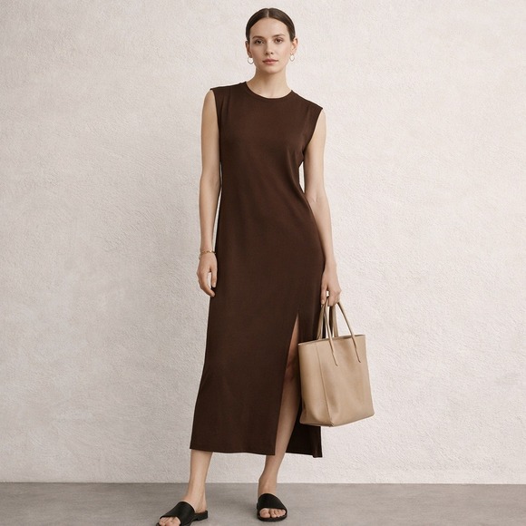 FRAME Dresses & Skirts - FRAME Womens Le Muscle Midi T Shirt Dress M Chocolate Organic Cotton Minimalist
